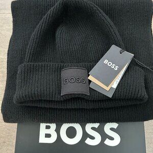 Hugo Boss Black Knit Scarf and Beanie Set Wool Cashmere Blend NWT